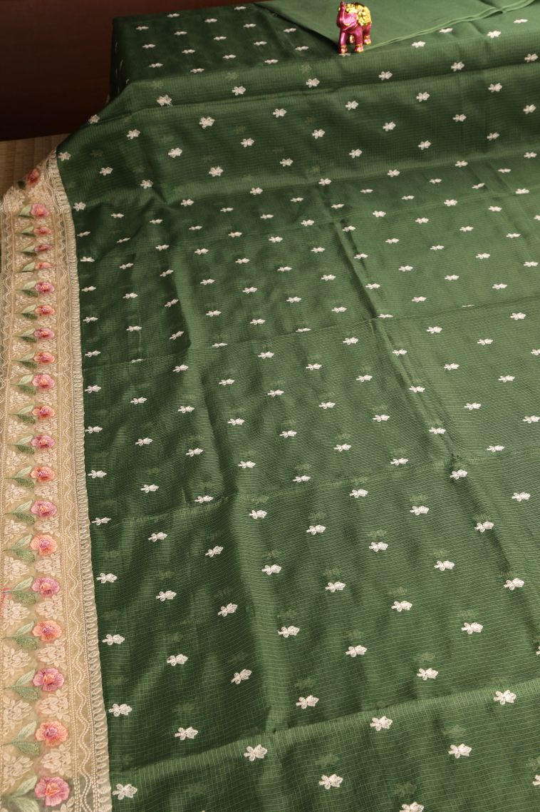 Basil Green Manipuri Cotton Sarees with Without Zari Zari Floral Puttas view 2