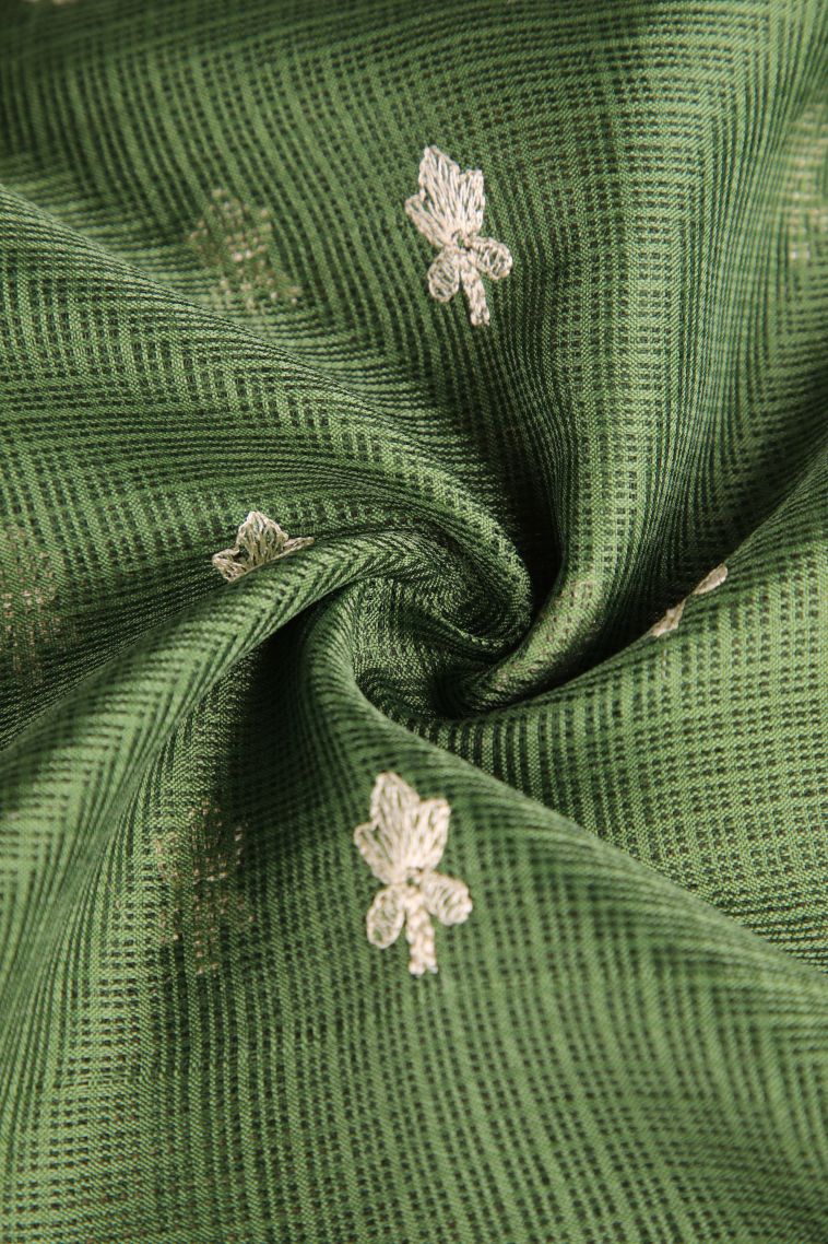Basil Green Manipuri Cotton Sarees with Without Zari Zari Floral Puttas view 4