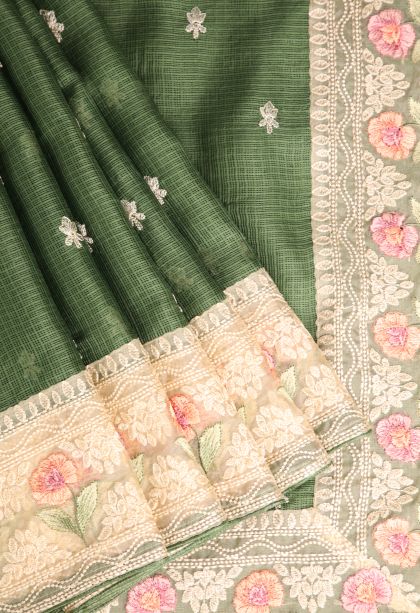 Basil Green Manipuri Cotton Sarees with Without Zari Zari Floral Puttas