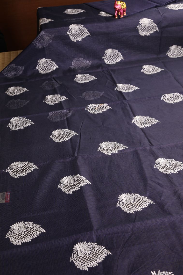 Berry Blue Manipuri Cotton Sarees with Without Zari Zari Leaf Embroidery view 2
