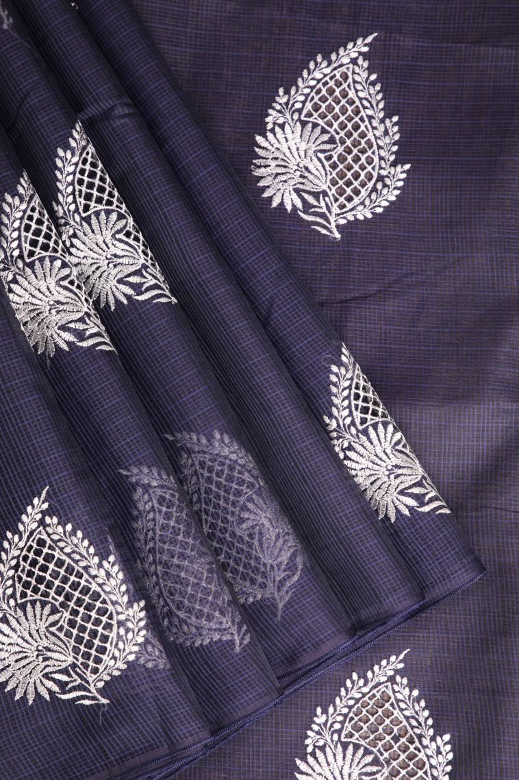 Berry Blue Manipuri Cotton Sarees with Without Zari Zari Leaf Embroidery