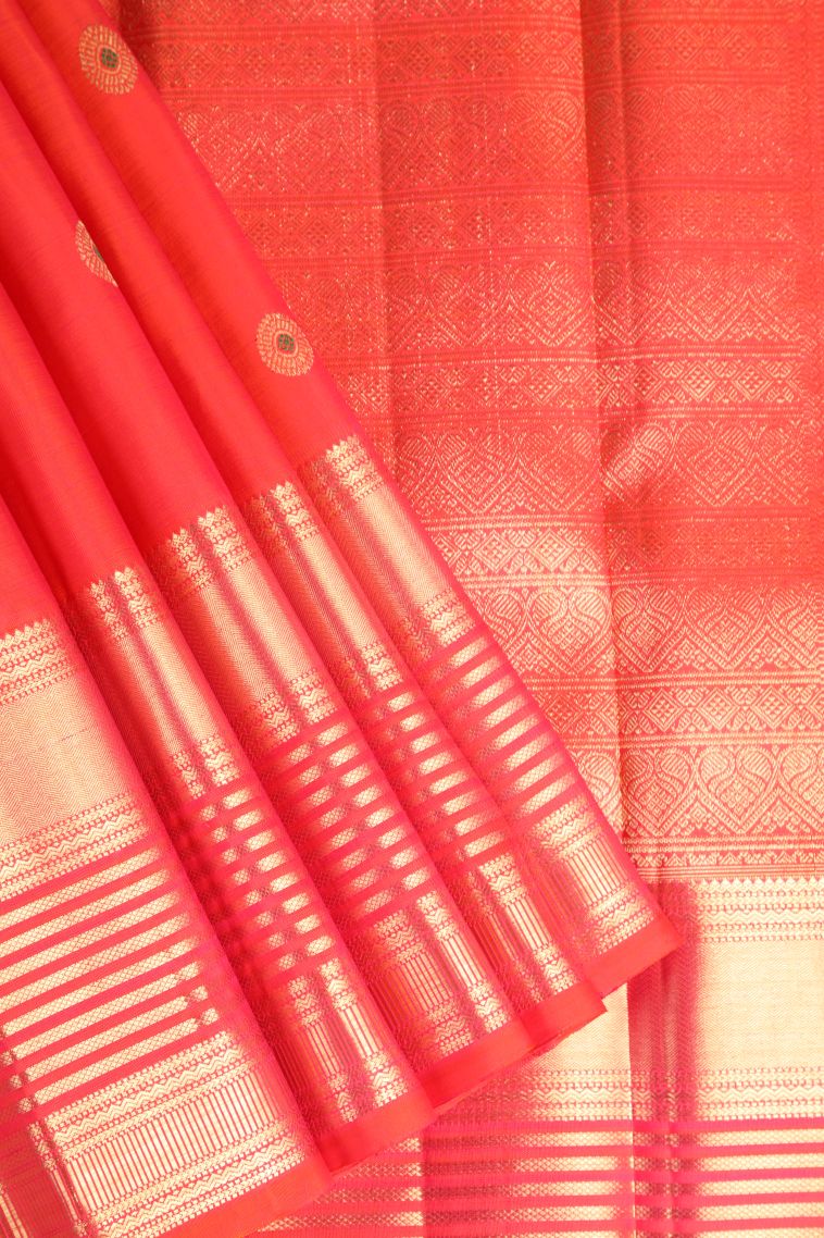 Strawberry Pink Kanchipuram Silk Sarees with Gold Zari Circle Mottif view 1