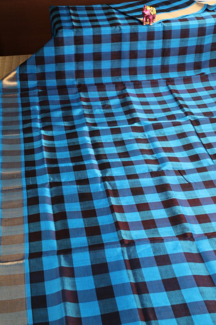Cerulean Blue Silk Cotton with Gold Zari Checks view 2