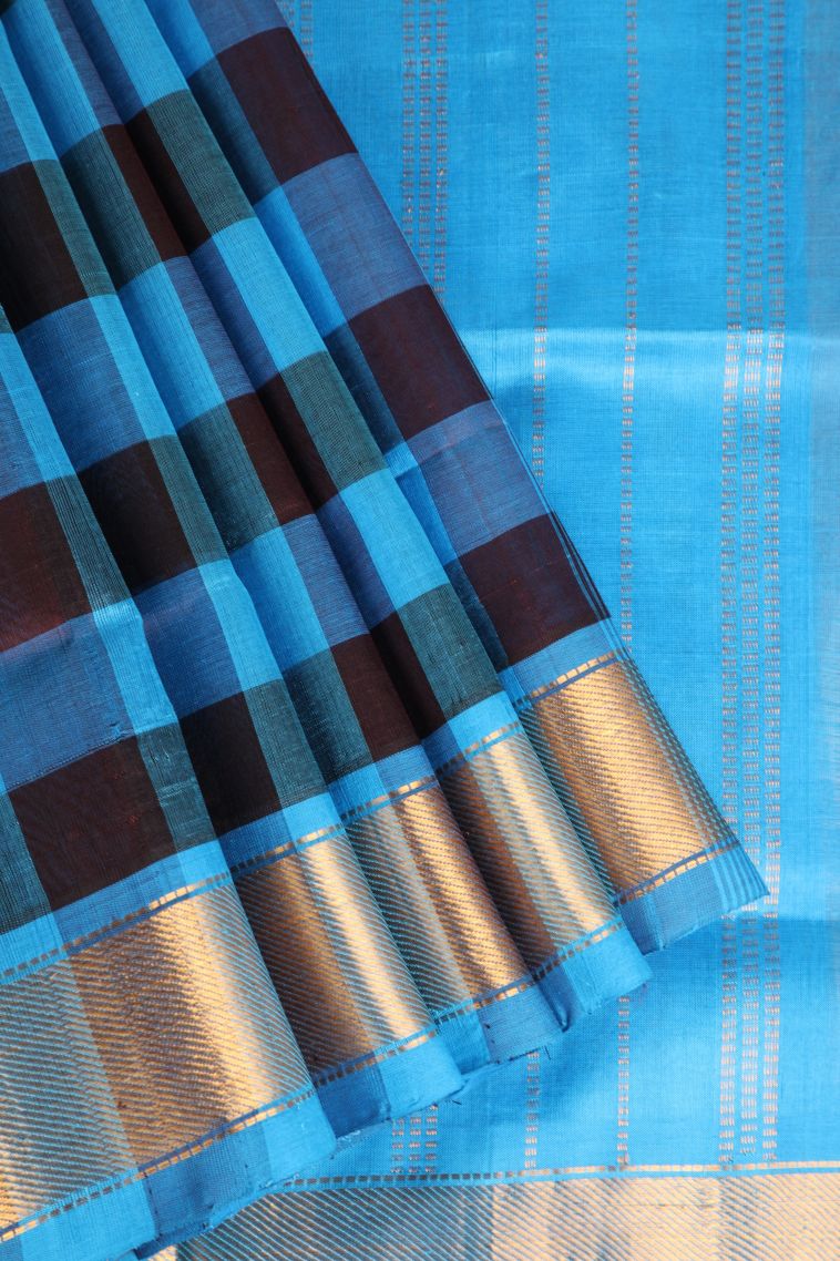 Cerulean Blue Silk Cotton with Gold Zari Checks view 1