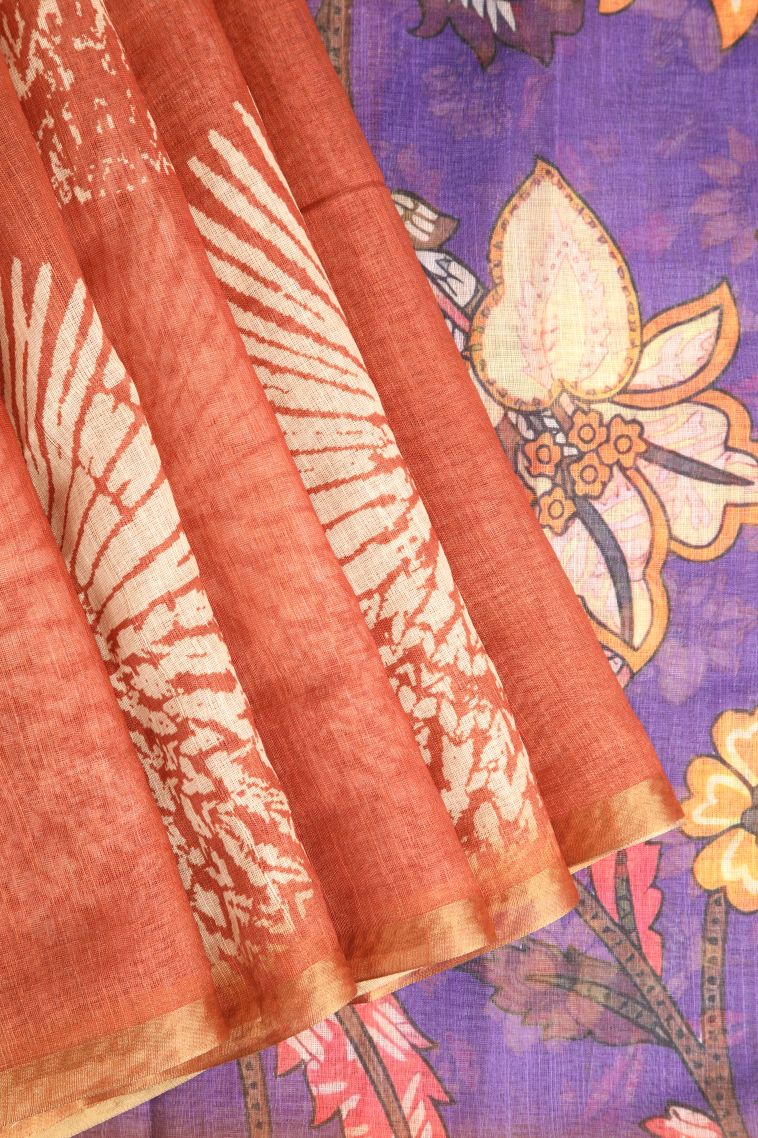 Squash Orange Linen Saree with Gold Zari Circle Mottif view 1