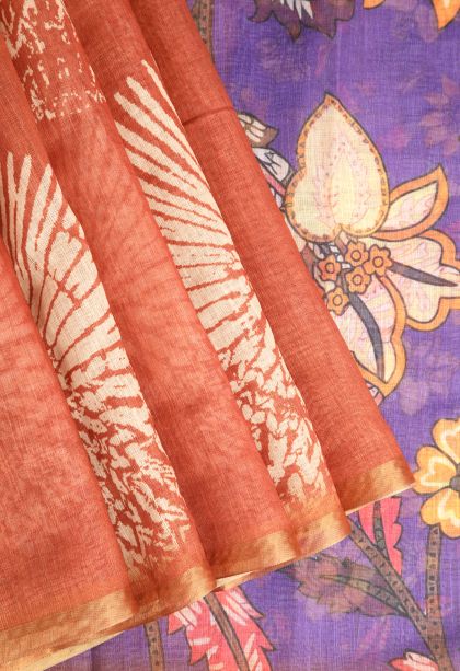Squash Orange Linen Saree with Gold Zari Circle Mottif