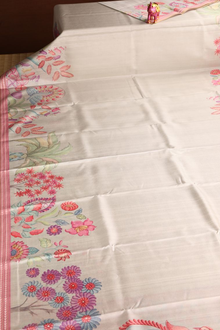 Cream White Semi Tussar Silk with Without Zari Zari Floral Patterns view 2
