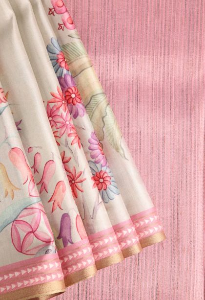 Cream White Semi Tussar Silk with Without Zari Zari Floral Patterns