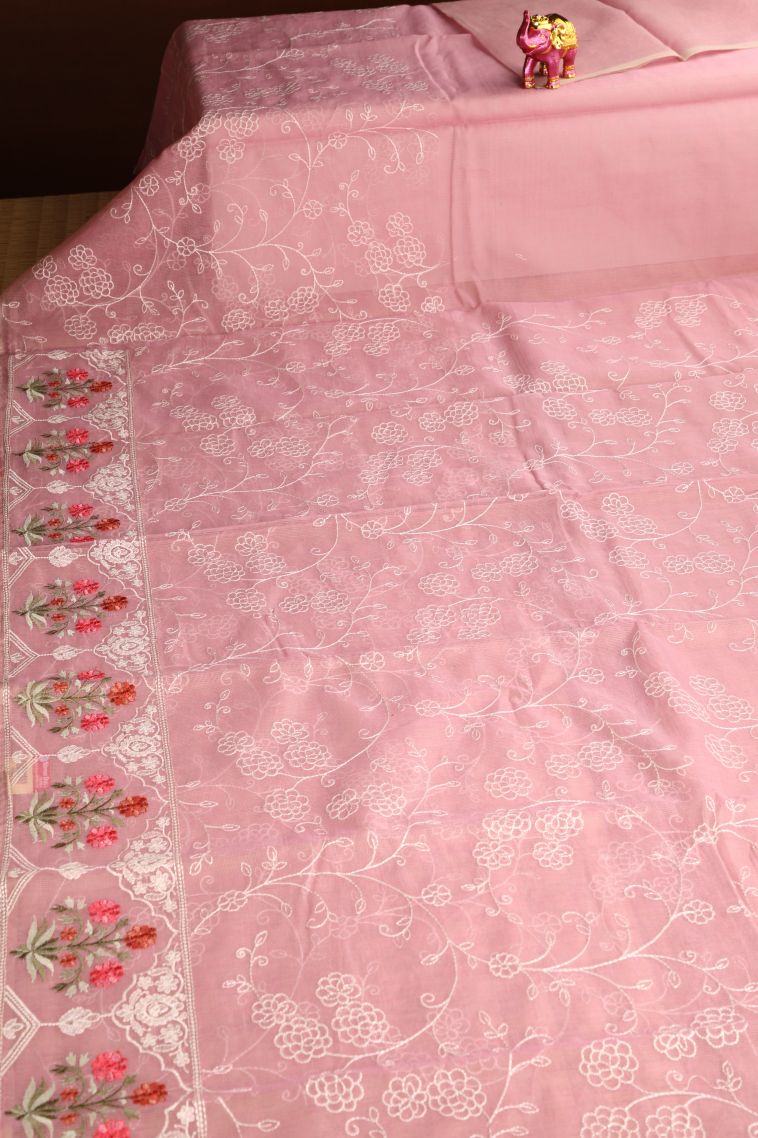 Lemonade Pink Manipuri Cotton Sarees with Without Zari Zari Floral Patterns view 2