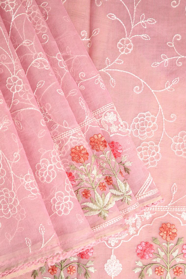 Lemonade Pink Manipuri Cotton Sarees with Without Zari Zari Floral Patterns view 1