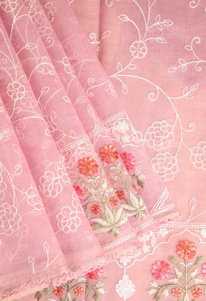 Lemonade Pink Manipuri Cotton Sarees with Without Zari Zari Floral Patterns
