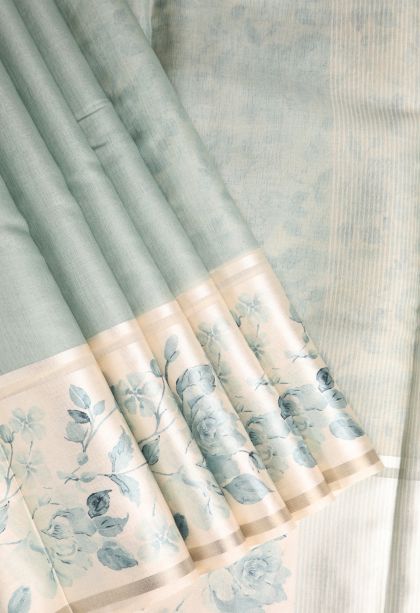 Pistachio Green Jute Sarees with Silver Zari Plain