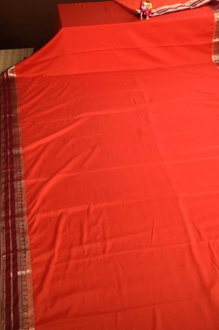 Fire Orange Fancy Saree with Gold Zari Plain view 2