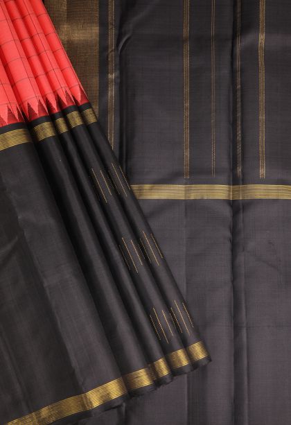 Coral Pink Kanchipuram Silk Sarees with Gold Zari Checks