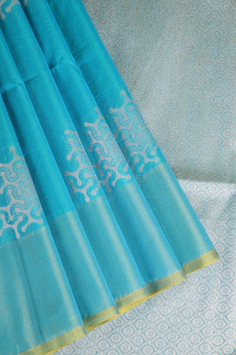 Sky Blue Silk Cotton Sarees with Silver Zari Geometric Shapes view 1