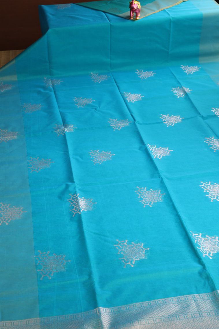 Sky Blue Silk Cotton Sarees with Silver Zari Geometric Shapes view 2