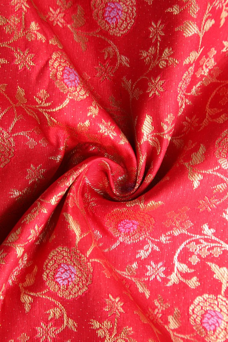 Rose  Red Apoorva Silk Sarees with Gold And Silver Zari Floral Patterns view 4
