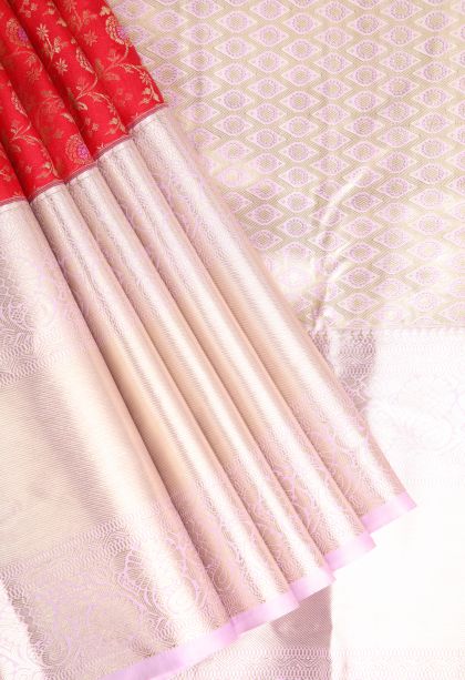 Rose Red Apoorva Silk Sarees with Gold And Silver Zari Floral Patterns