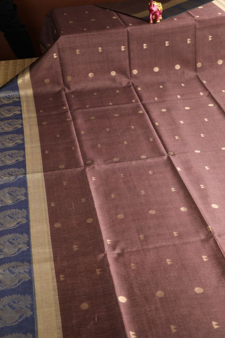 Cinnamon Brown Tussar Saree with Gold And Silver Zari Geometric Shapes view 2