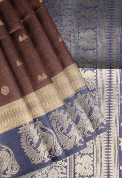 Cinnamon Brown Tussar Saree with Gold And Silver Zari Geometric Shapes