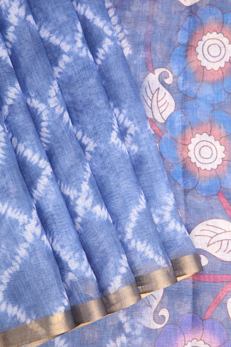 Daffane Blue Linen Saree with Without Zari Zari Pathik Motifs view 1