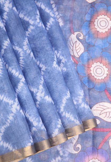 Daffane Blue Linen Saree with Without Zari Zari Pathik Motifs
