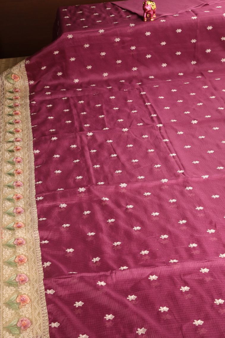 Magenta Purple Manipuri Cotton Sarees with Without Zari Zari Floral Puttas view 2