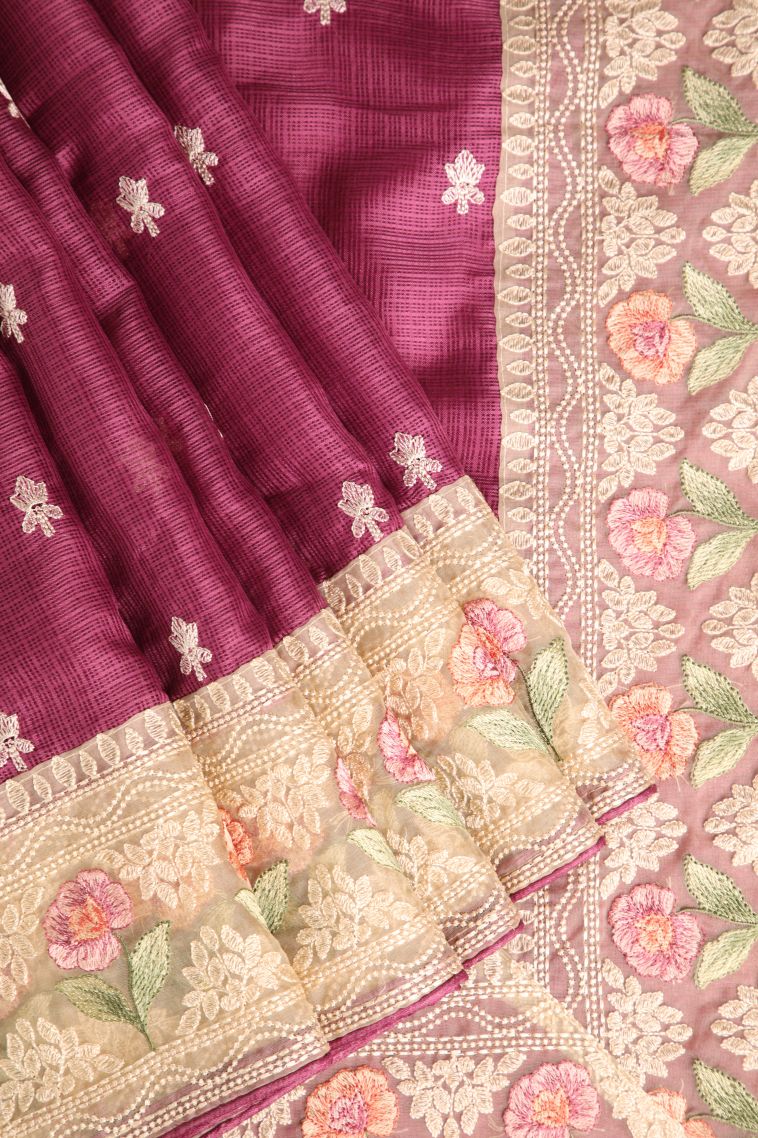 Magenta Purple Manipuri Cotton Sarees with Without Zari Zari Floral Puttas view 1