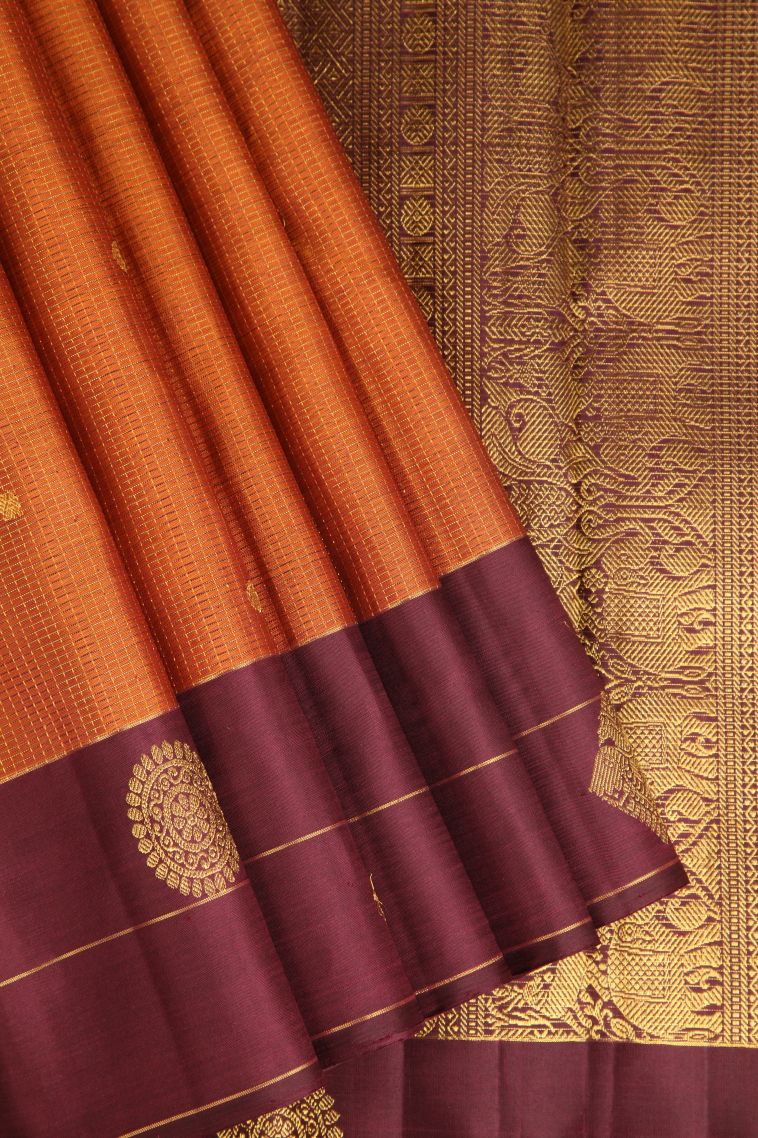 Rust Orange Kanchipuram Silk Sarees with Gold Zari Checks And Puttas view 1