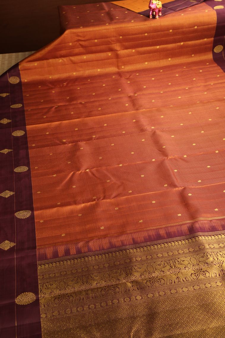 Rust Orange Kanchipuram Silk Sarees with Gold Zari Checks And Puttas view 2