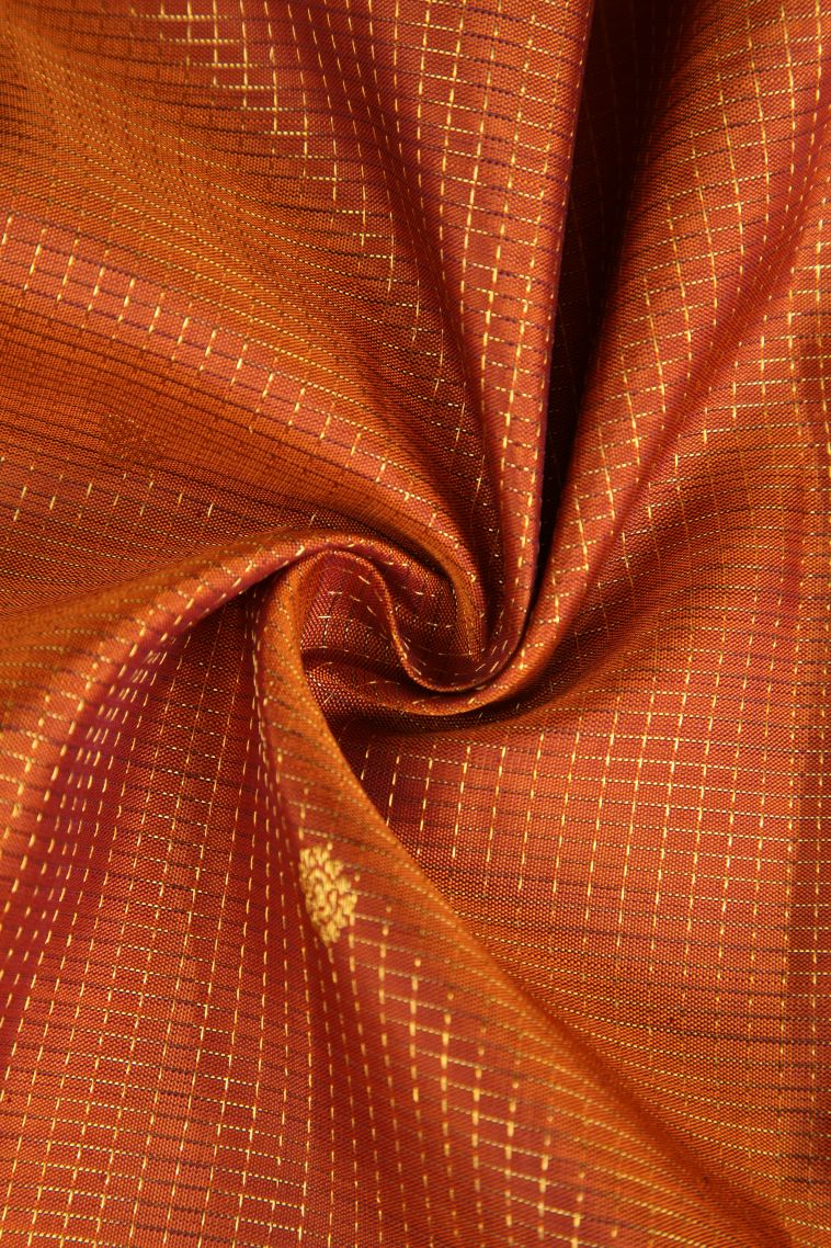 Rust Orange Kanchipuram Silk Sarees with Gold Zari Checks And Puttas view 4