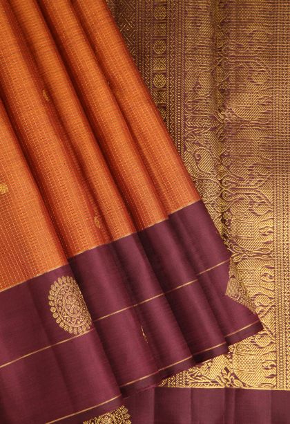Rust Orange Kanchipuram Silk Sarees with Gold Zari Checks And Puttas