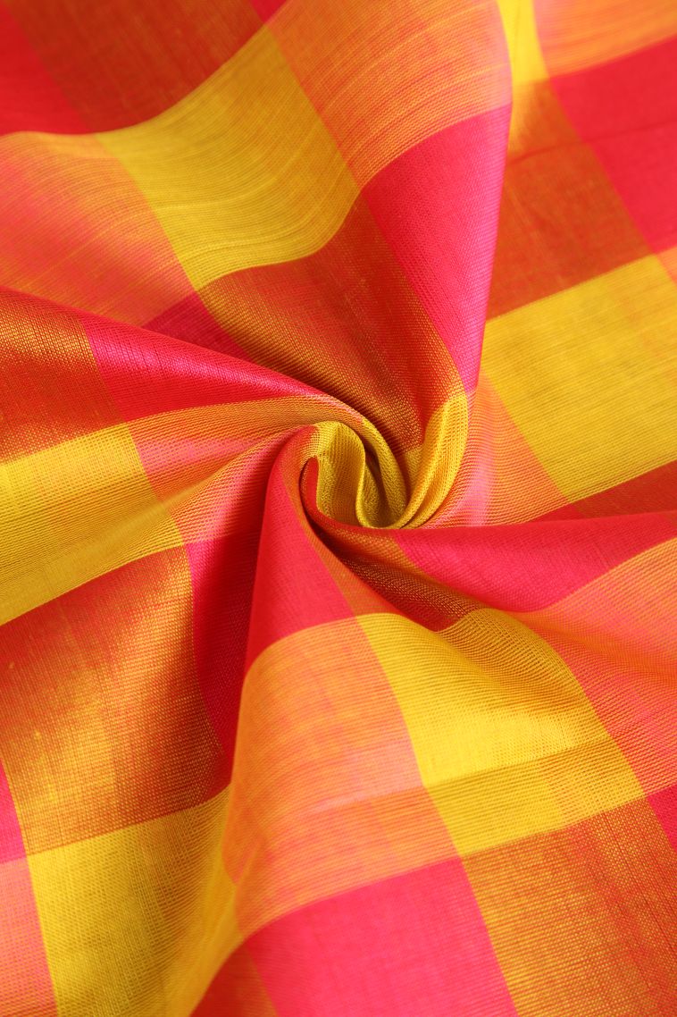 Lemon Yellow Silk Cotton with Gold Zari Checks view 4