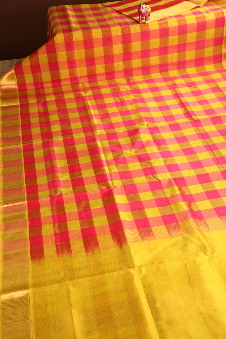 Lemon Yellow Silk Cotton with Gold Zari Checks view 2