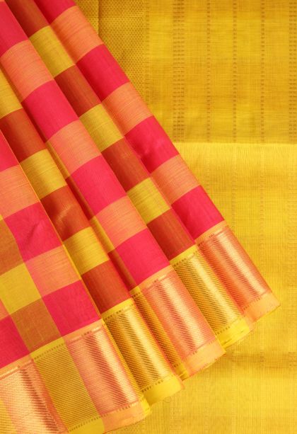 Lemon Yellow Silk Cotton with Gold Zari Checks