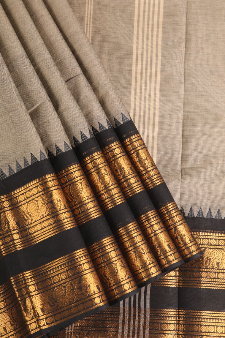 Gray Black Chettinad Cotton Sarees with Gold Zari Plain With Border view 1