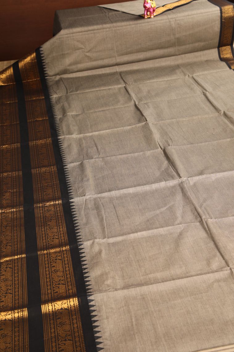Gray Black Chettinad Cotton Sarees with Gold Zari Plain With Border view 2