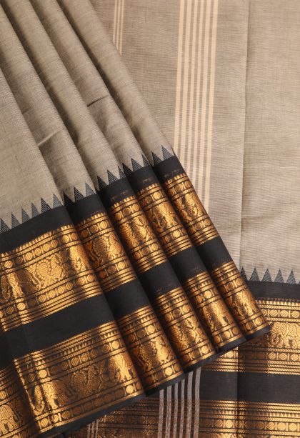 Gray Black Chettinad Cotton Sarees with Gold Zari Plain With Border
