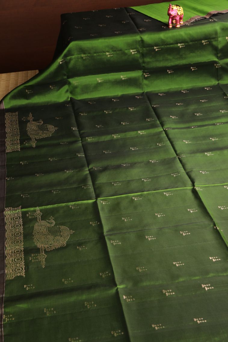Pickle Green Soft Silk Saree with Gold Zari Peacock Motifs view 2