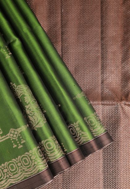 Pickle Green Soft Silk Saree with Gold Zari Peacock Motifs