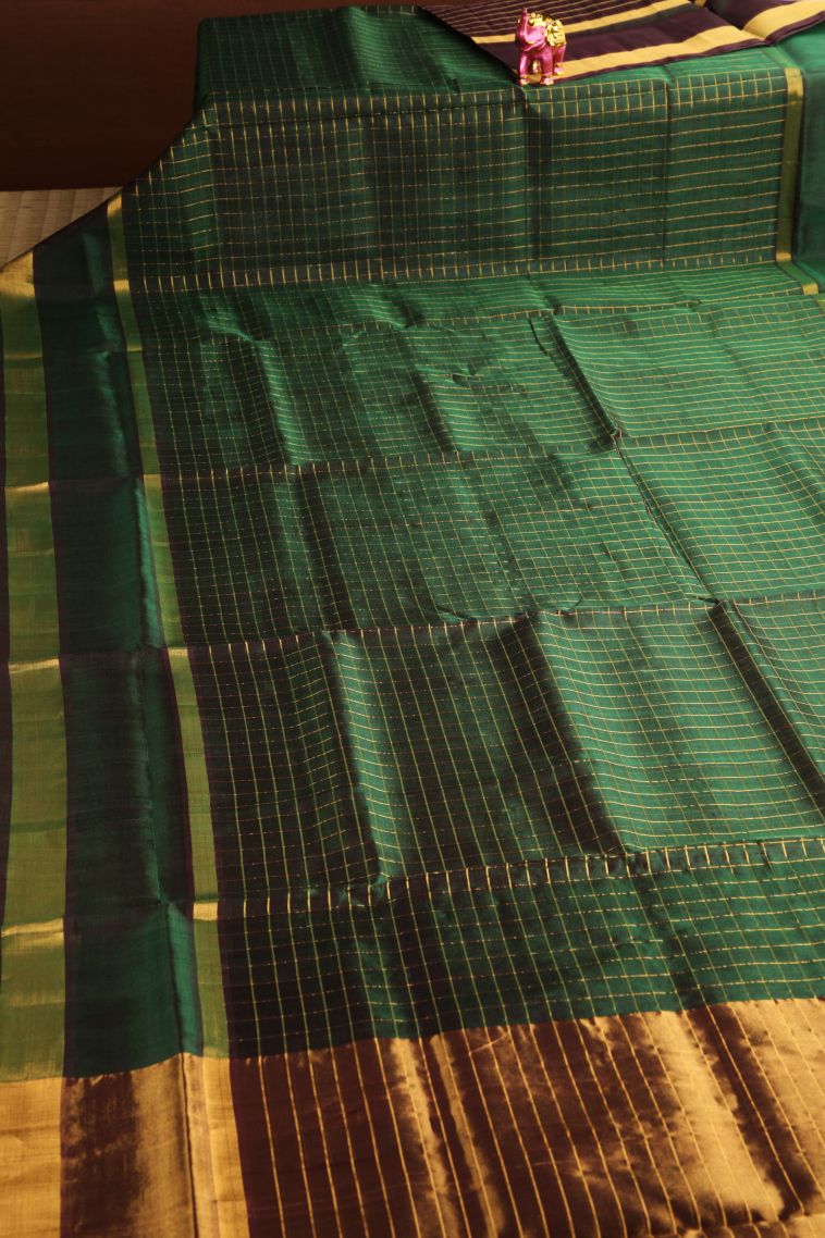 Seaweed Green Silk Cotton with Gold Zari Checks view 2