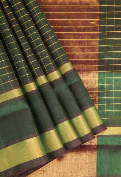 Seaweed Green Silk Cotton with Gold Zari Checks