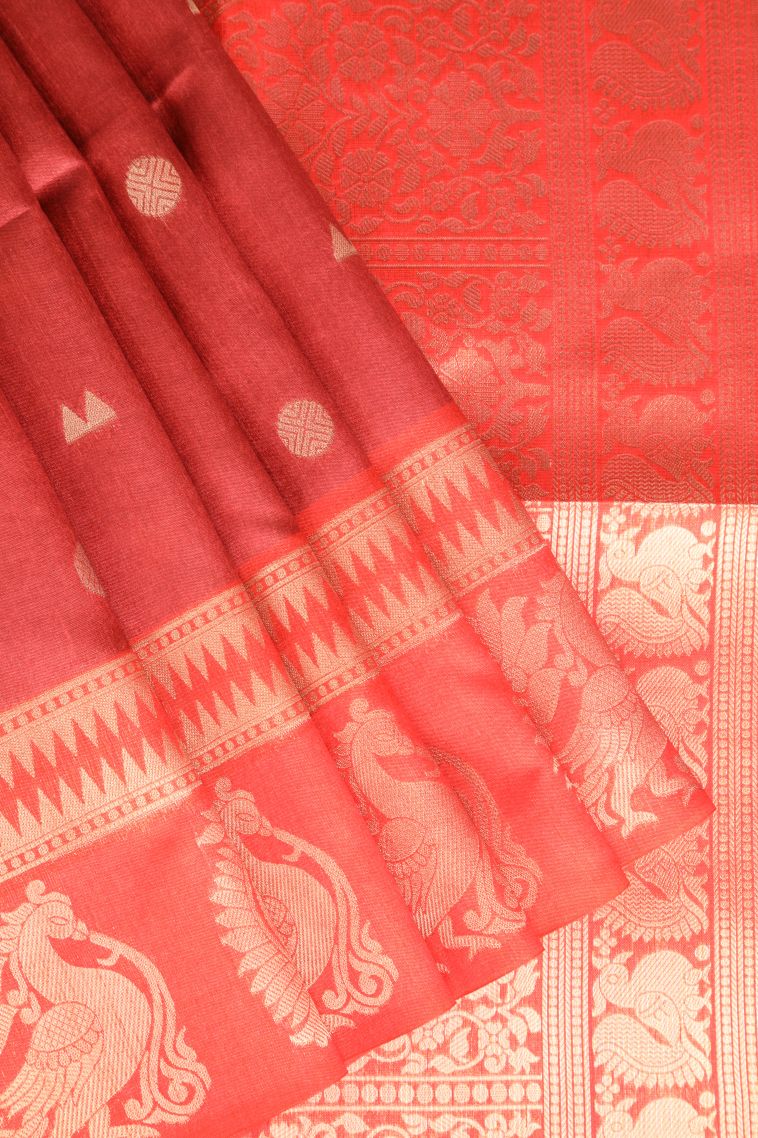 Rose  Red Tussar Saree with Gold And Silver Zari Geometric Shapes view 1