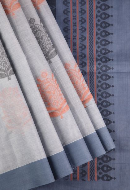 Gray Black Pure Handloom Kovai Cotton with Without Zari Zari Floral Patterns