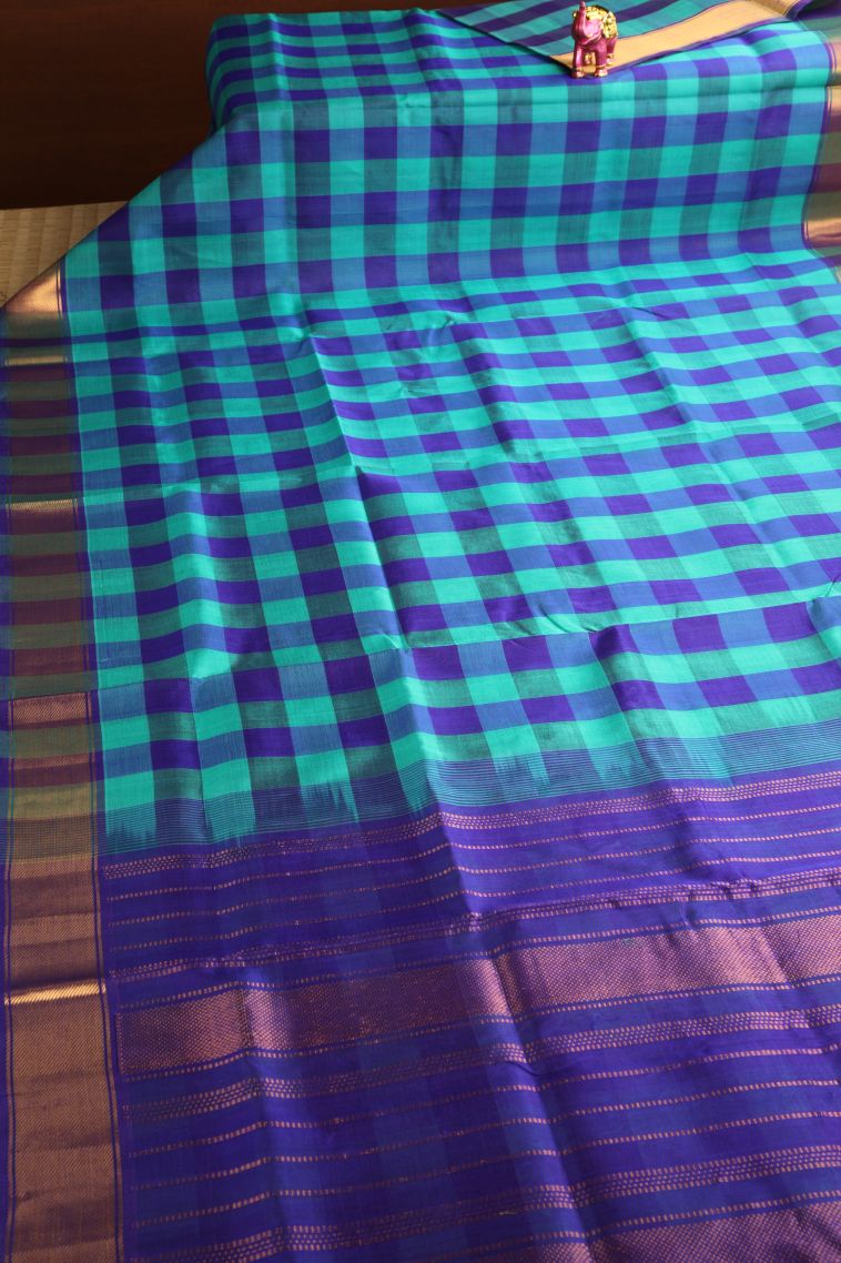 Daffane Blue Silk Cotton with Gold Zari Checks view 2