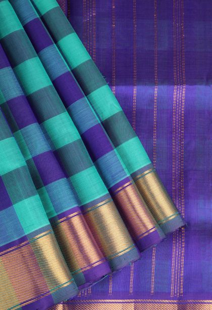 Daffane Blue Silk Cotton with Gold Zari Checks