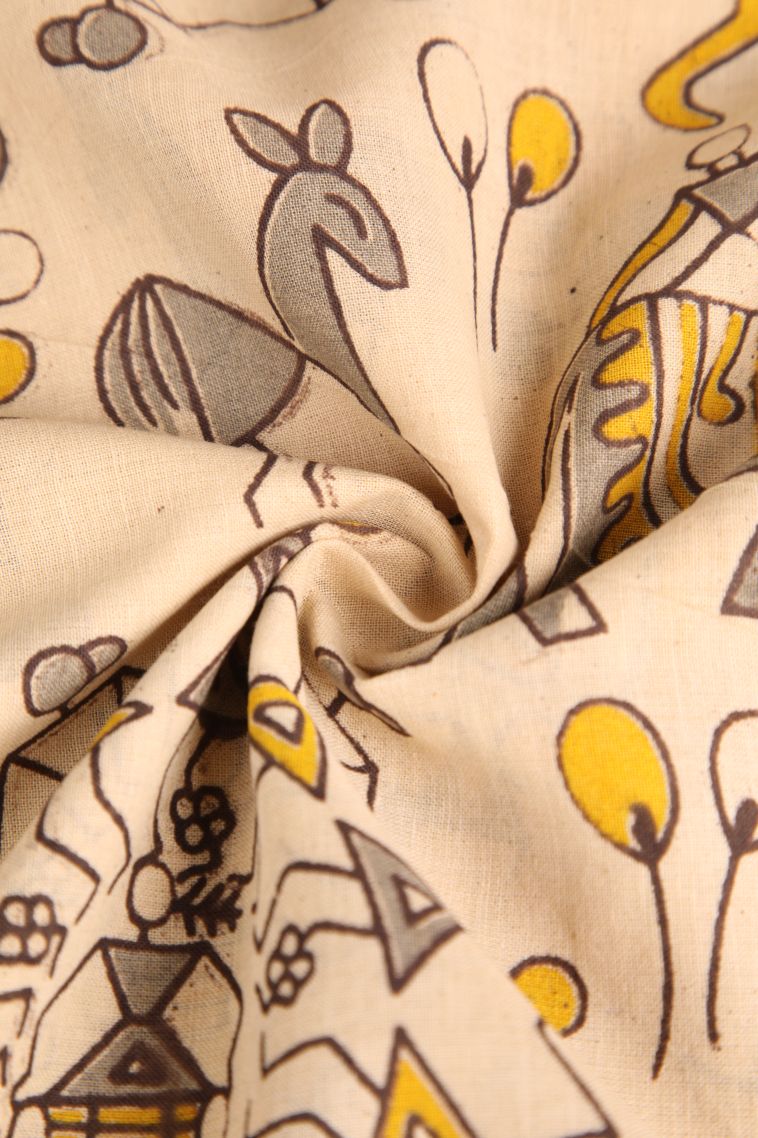 Vanilla Custard Yellow Kalamkari with Without Zari Zari Kalam Kari Pattern view 4