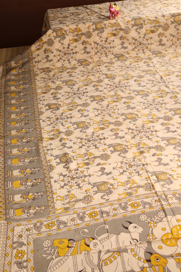 Vanilla Custard Yellow Kalamkari with Without Zari Zari Kalam Kari Pattern view 2