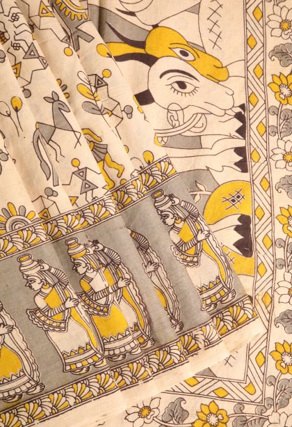 Vanilla Custard Yellow Kalamkari with Without Zari Zari Kalam Kari Pattern