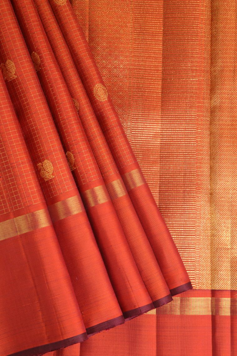 Rust Orange Kanchipuram Silk Sarees with Gold And Silver Zari Peacock And Rudhractam view 1